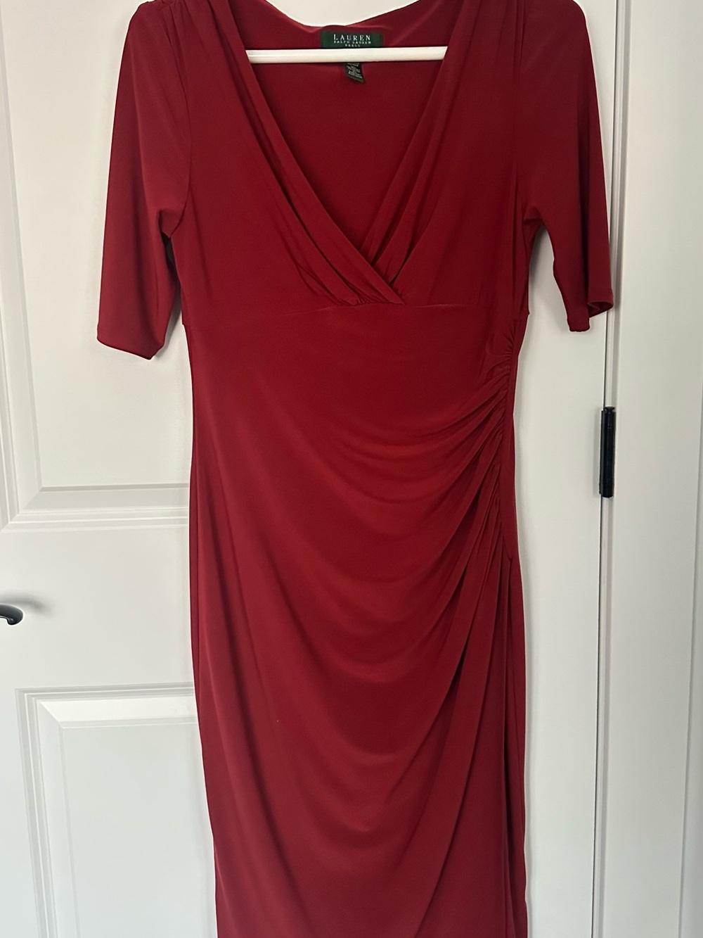Ralph Lauren Deep Red Faux-Wrap Ruched Midi Dress